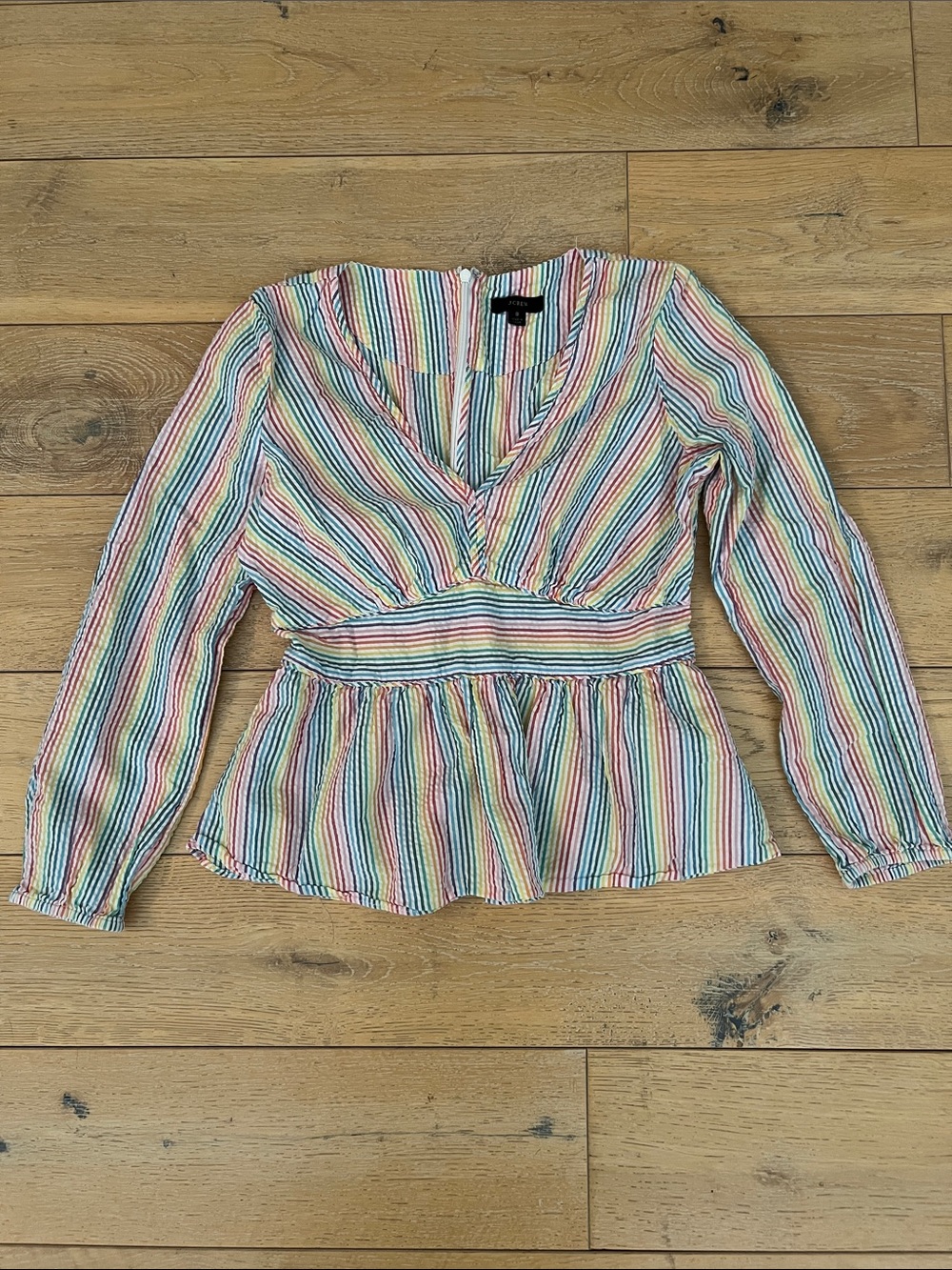 J. Crew Rainbow Multicolor Striped Peplum V-Neck Long Sleeve Top